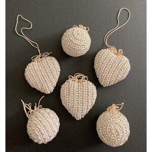 Vtg Victorian Style Embellished Pearl Christmas Ornaments Braided Cord Lot of 6